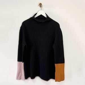 Terre Alte Black Colorblock Superfine 100's Wool Mock Neck Sweater
